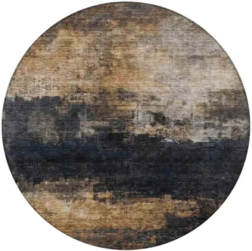 8' Charcoal Tan And Beige Round Abstract Washable Indoor Outdoor Area Rug Photo 5