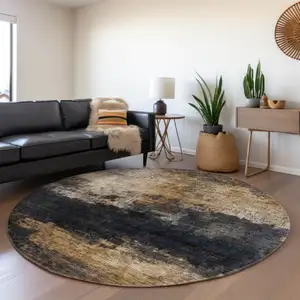 Photo of 8' Charcoal Tan And Beige Round Abstract Washable Indoor Outdoor Area Rug