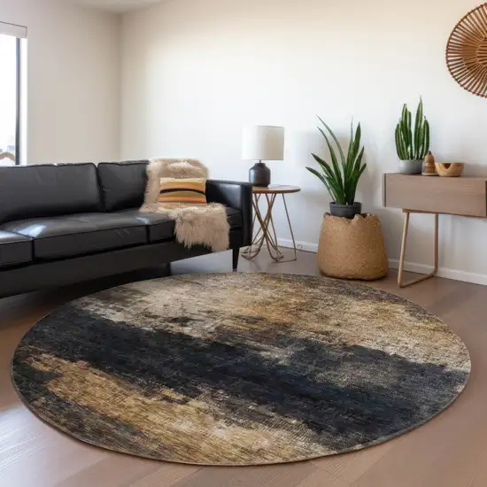 8' Charcoal Tan And Beige Round Abstract Washable Indoor Outdoor Area Rug Photo 7