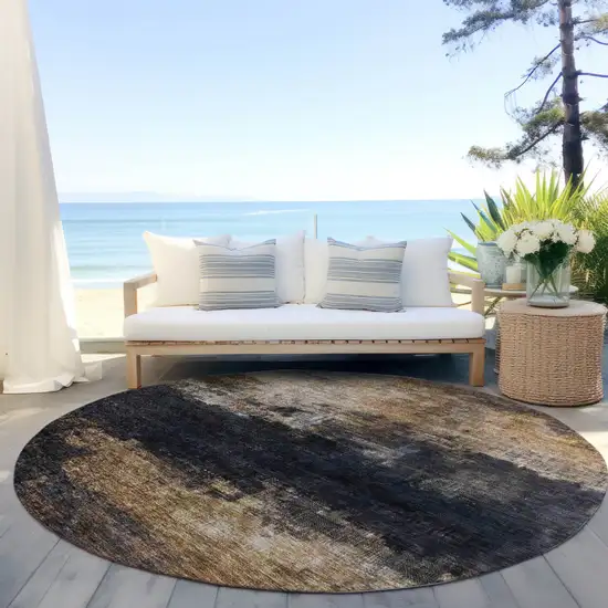 8' Charcoal Tan And Beige Round Abstract Washable Indoor Outdoor Area Rug Photo 6