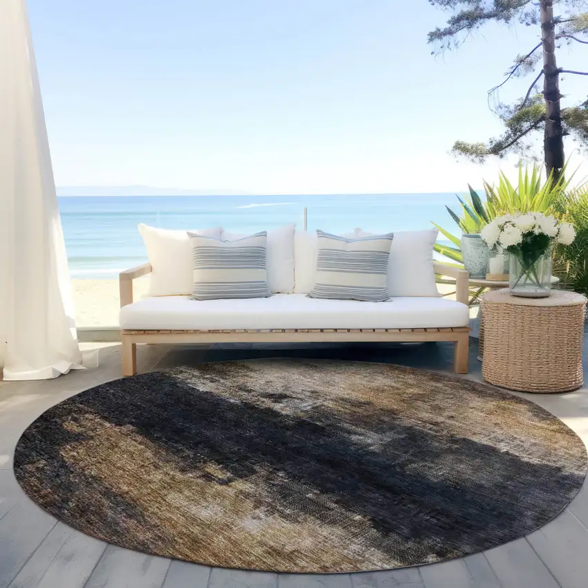 8' Charcoal Tan And Beige Round Abstract Washable Indoor Outdoor Area Rug Photo 6