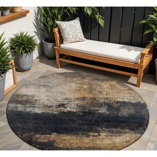 8' Charcoal Tan And Beige Round Abstract Washable Indoor Outdoor Area Rug Photo 1