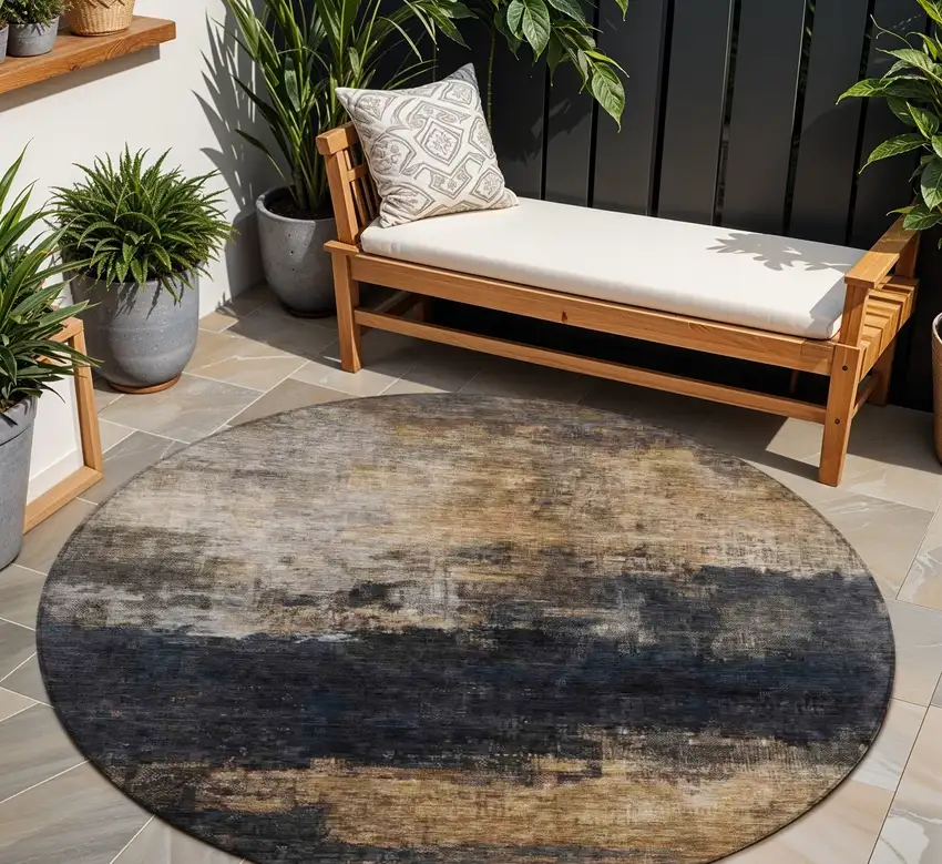 8' Charcoal Tan And Beige Round Abstract Washable Indoor Outdoor Area Rug Photo 1