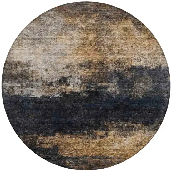 8' Charcoal Tan And Beige Round Abstract Washable Indoor Outdoor Area Rug Photo 4