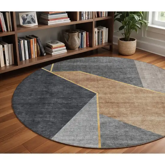 8' Charcoal Taupe And Gray Round Geometric Washable Indoor Outdoor Area Rug Photo 7