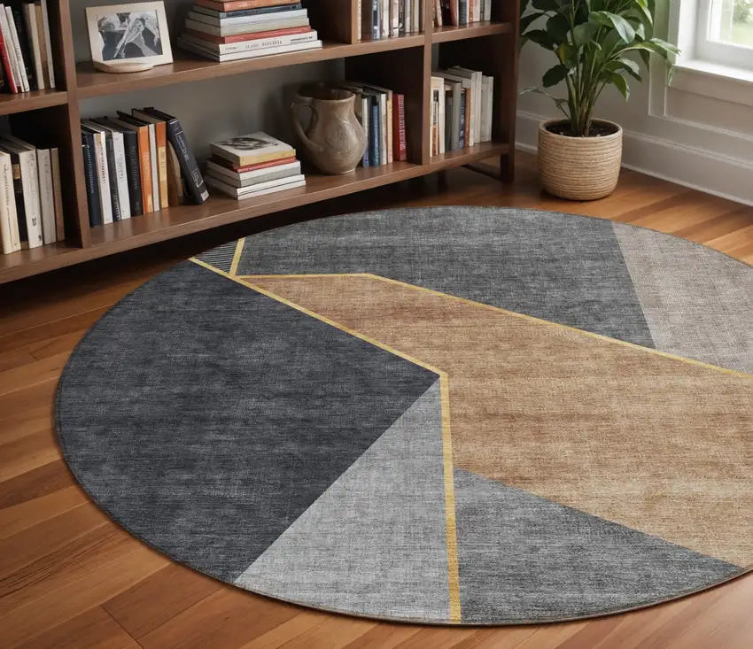 8' Charcoal Taupe And Gray Round Geometric Washable Indoor Outdoor Area Rug Photo 7