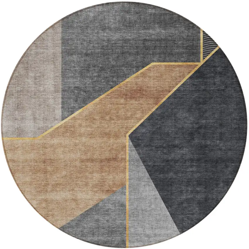 8' Charcoal Taupe And Gray Round Geometric Washable Indoor Outdoor Area Rug Photo 5