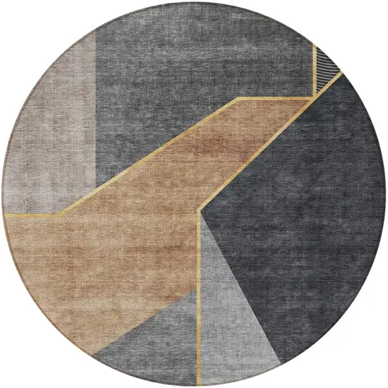 8' Charcoal Taupe And Gray Round Geometric Washable Indoor Outdoor Area Rug Photo 5