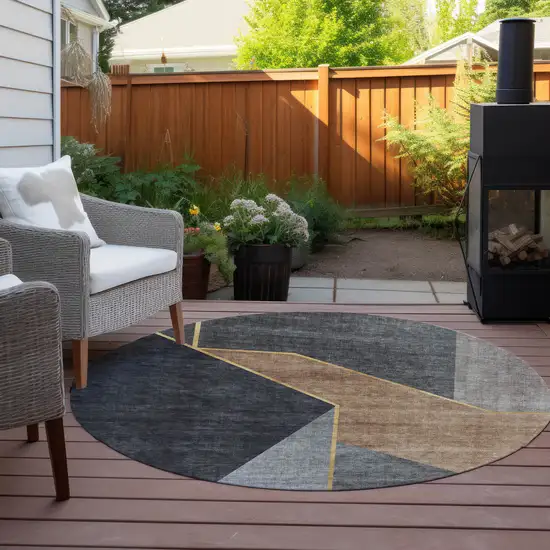 8' Charcoal Taupe And Gray Round Geometric Washable Indoor Outdoor Area Rug Photo 6