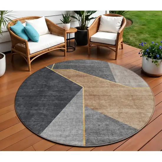 8' Charcoal Taupe And Gray Round Geometric Washable Indoor Outdoor Area Rug Photo 1