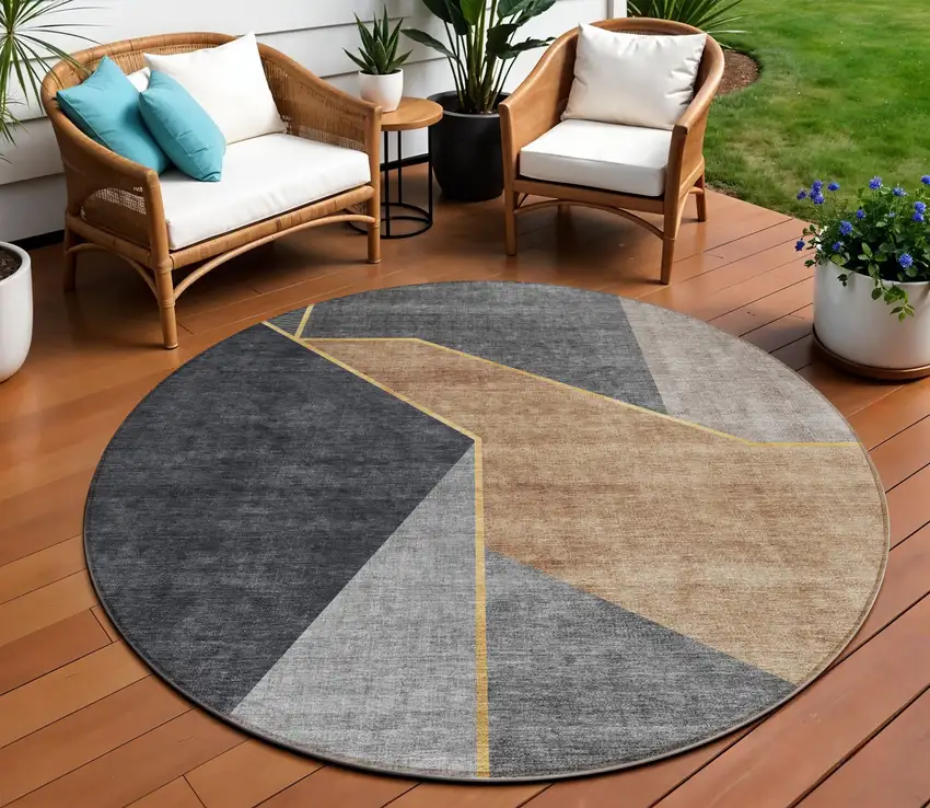 8' Charcoal Taupe And Gray Round Geometric Washable Indoor Outdoor Area Rug Photo 1