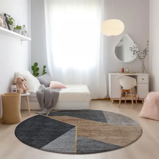 8' Charcoal Taupe And Gray Round Geometric Washable Indoor Outdoor Area Rug Photo 8