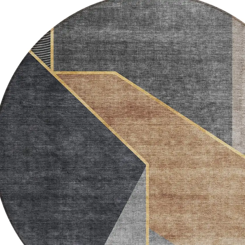 8' Charcoal Taupe And Gray Round Geometric Washable Indoor Outdoor Area Rug Photo 4