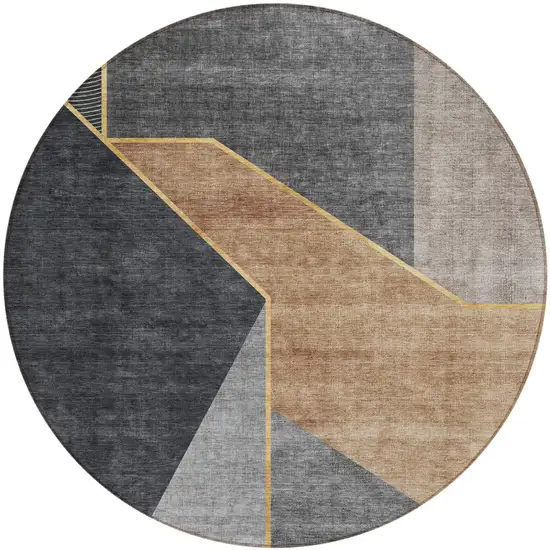 8' Charcoal Taupe And Gray Round Geometric Washable Indoor Outdoor Area Rug Photo 2