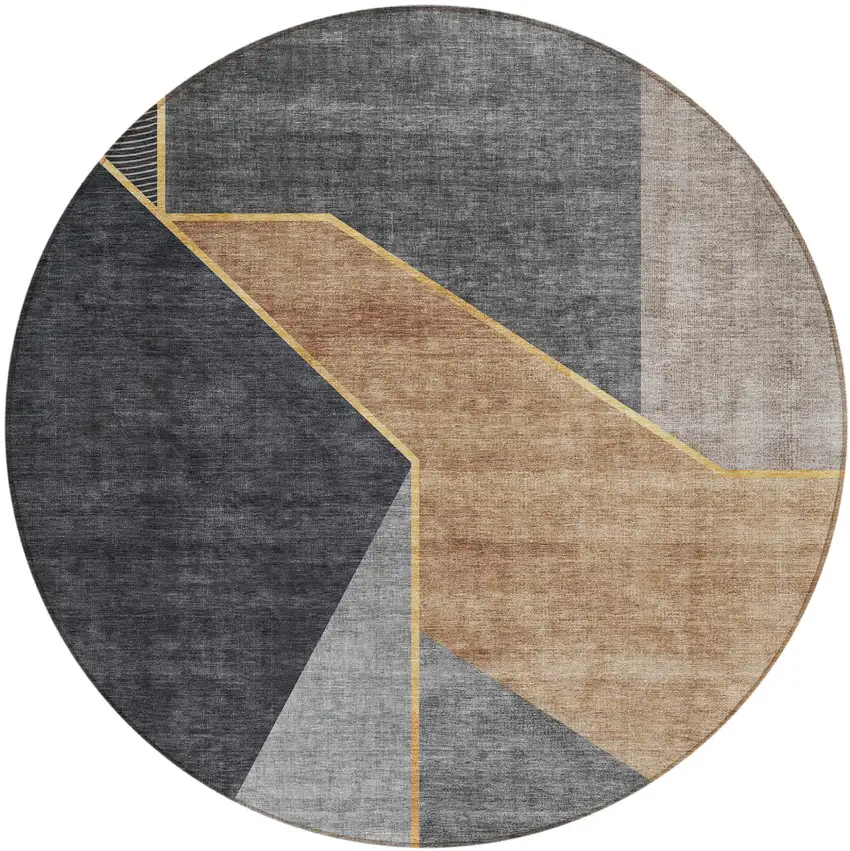 8' Charcoal Taupe And Gray Round Geometric Washable Indoor Outdoor Area Rug Photo 2