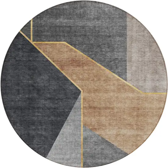 8' Charcoal Taupe And Gray Round Geometric Washable Indoor Outdoor Area Rug Photo 2
