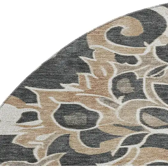 8' Charcoal Taupe And Ivory Floral Medallion Washable Round Rug With UV Protection Photo 3