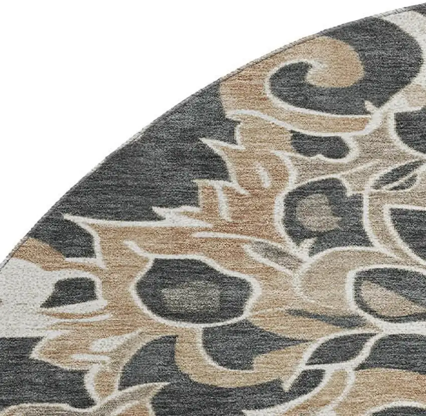 8' Charcoal Taupe And Ivory Floral Medallion Washable Round Rug With UV Protection Photo 3