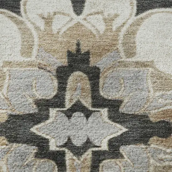 8' Charcoal Taupe And Ivory Floral Medallion Washable Round Rug With UV Protection Photo 9