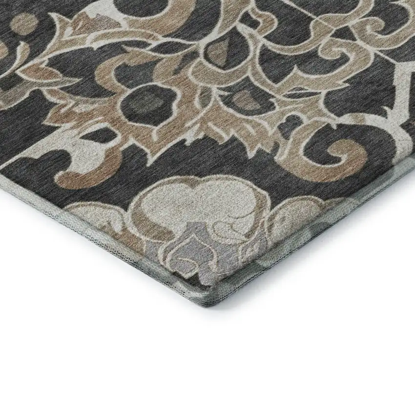 8' Charcoal Taupe And Ivory Floral Medallion Washable Round Rug With UV Protection Photo 7