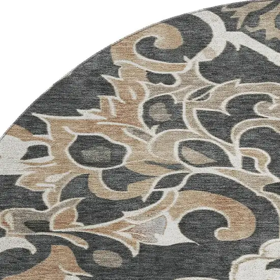 8' Charcoal Taupe And Ivory Floral Medallion Washable Round Rug With UV Protection Photo 4