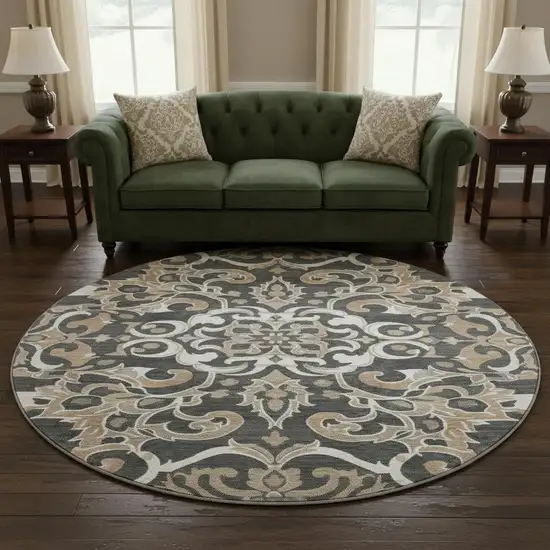 8' Charcoal Taupe And Ivory Floral Medallion Washable Round Rug With UV Protection Photo 2