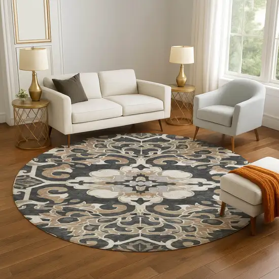8' Charcoal Taupe And Ivory Floral Medallion Washable Round Rug With UV Protection Photo 5