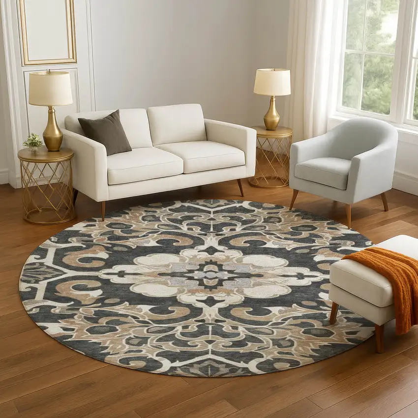 8' Charcoal Taupe And Ivory Floral Medallion Washable Round Rug With UV Protection Photo 5
