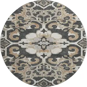 Photo of 8' Charcoal Taupe And Ivory Floral Medallion Washable Round Rug With UV Protection