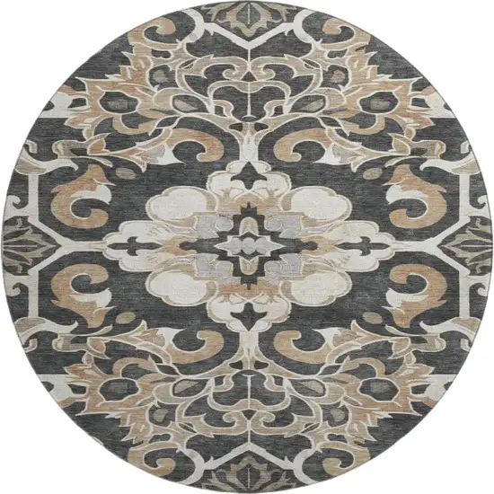 8' Charcoal Taupe And Ivory Floral Medallion Washable Round Rug With UV Protection Photo 1