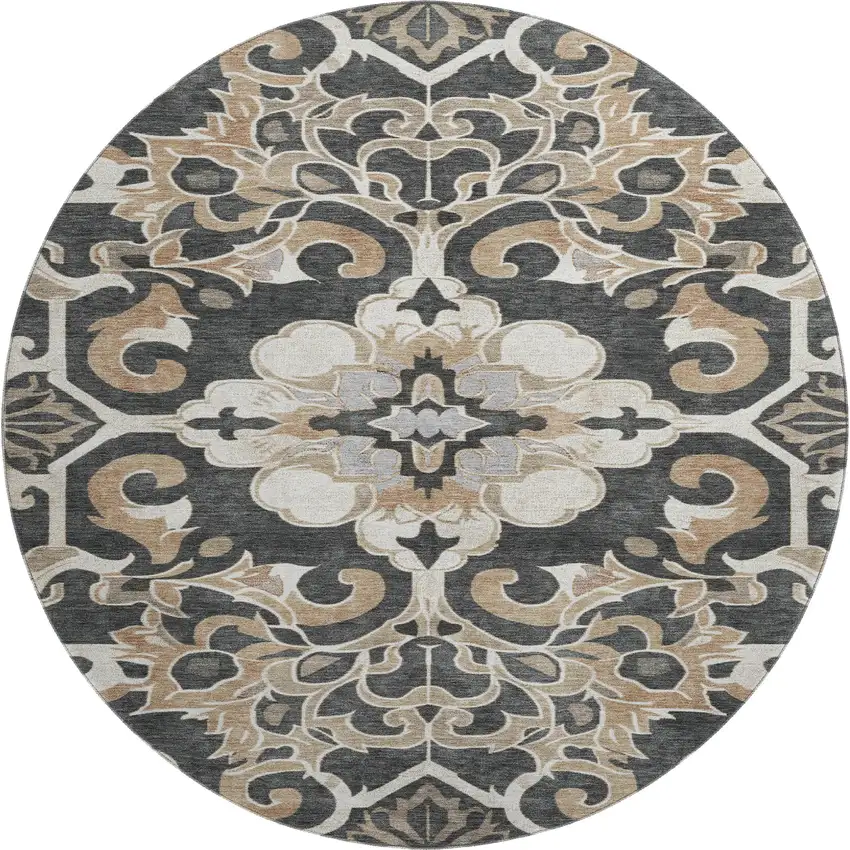 8' Charcoal Taupe And Ivory Floral Medallion Washable Round Rug With UV Protection Photo 1