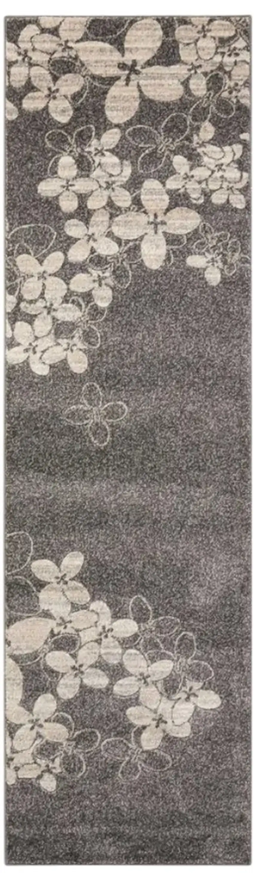 8' Charcoal and Beige Floral Non Skid Runner Rug Photo 1