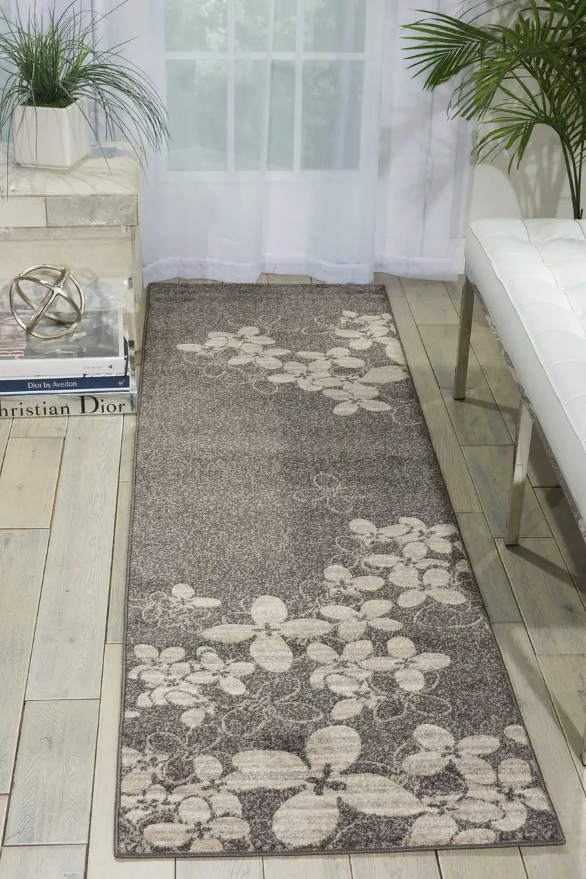 8' Charcoal and Beige Floral Non Skid Runner Rug Photo 7