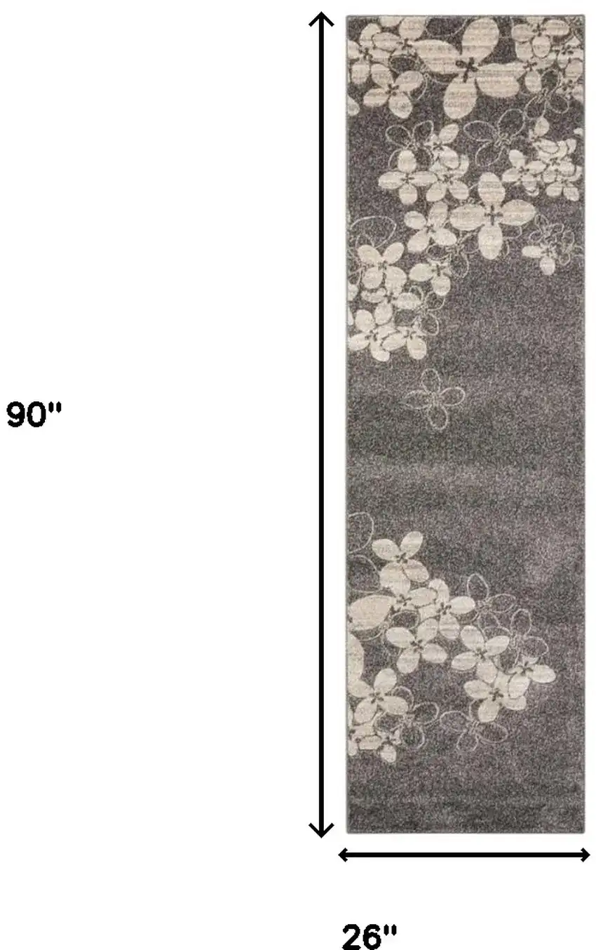 8' Charcoal and Beige Floral Non Skid Runner Rug Photo 8
