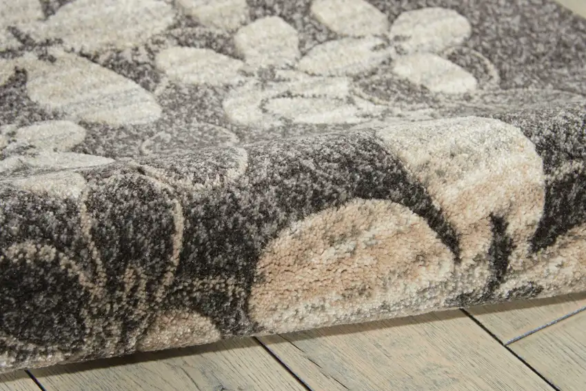 8' Charcoal and Beige Floral Non Skid Runner Rug Photo 4