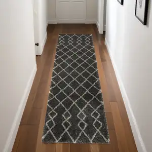 Photo of 8' Charcoal and Ivory Chevron Shag Runner Rug