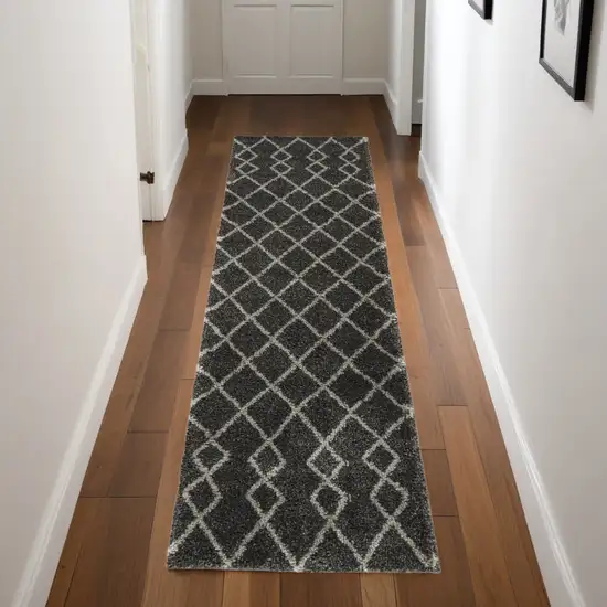 8' Charcoal and Ivory Chevron Shag Runner Rug Photo 1