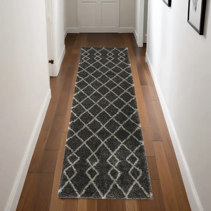 8' Charcoal and Ivory Chevron Shag Runner Rug Photo 1