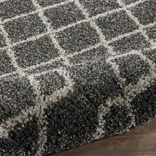 8' Charcoal and Ivory Chevron Shag Runner Rug Photo 6