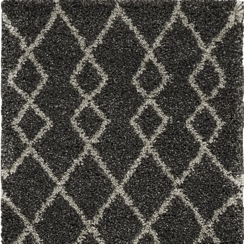 8' Charcoal and Ivory Chevron Shag Runner Rug Photo 4