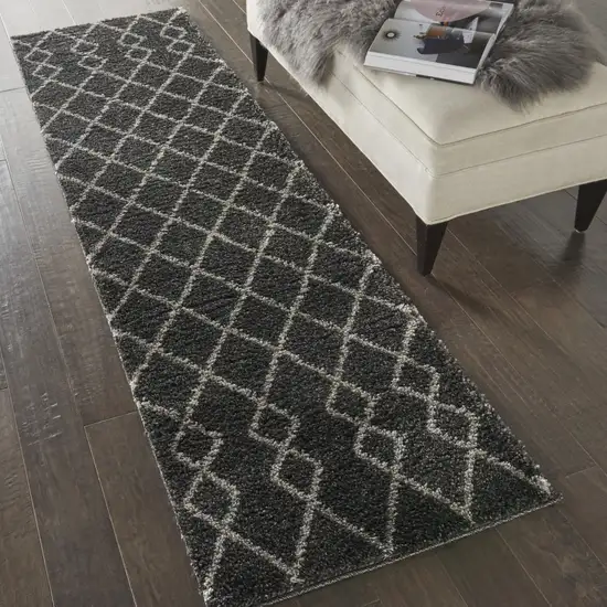 8' Charcoal and Ivory Chevron Shag Runner Rug Photo 3