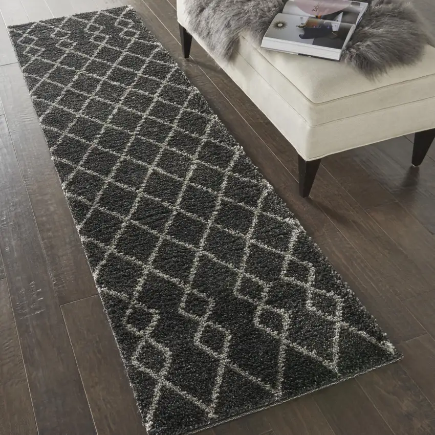 8' Charcoal and Ivory Chevron Shag Runner Rug Photo 3