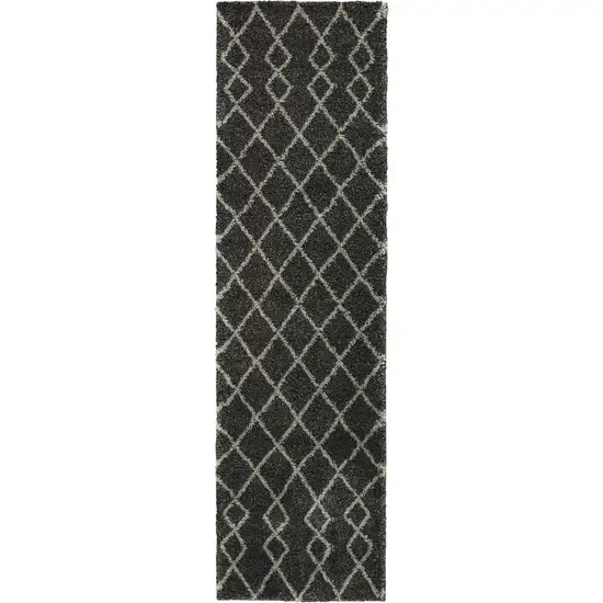 8' Charcoal and Ivory Chevron Shag Runner Rug Photo 9