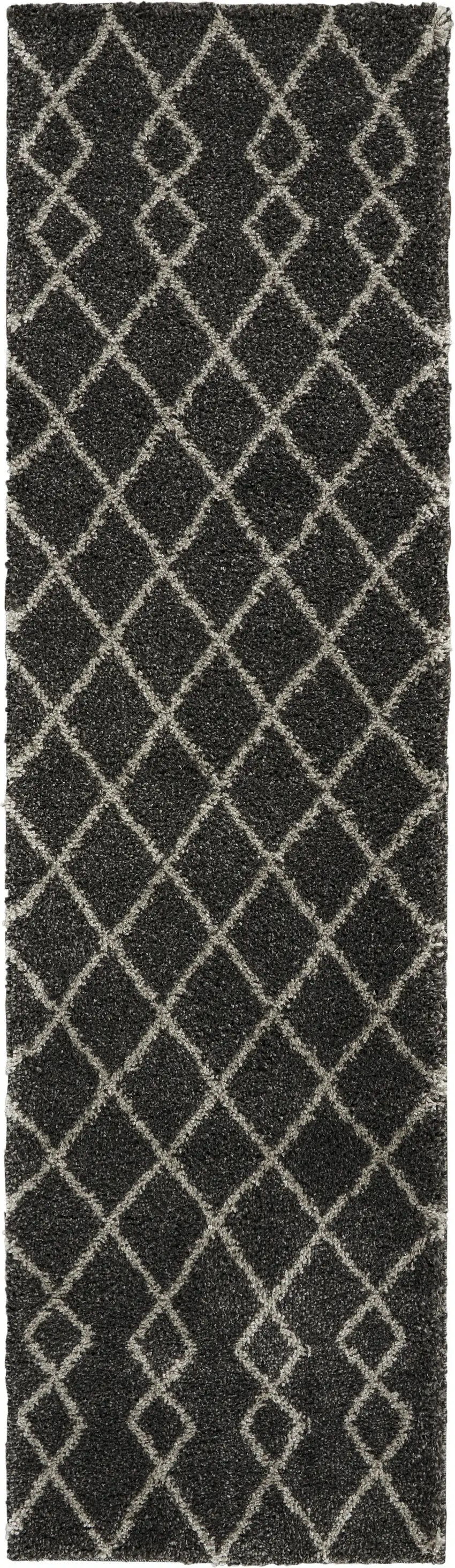 8' Charcoal and Ivory Chevron Shag Runner Rug Photo 9
