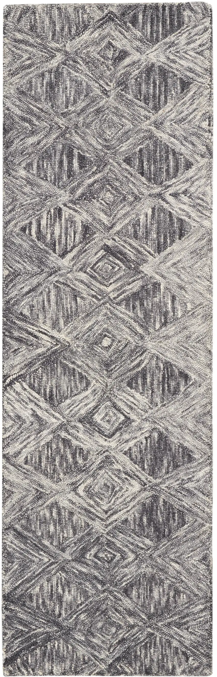 8' Charcoal and Ivory Wool Geometric Runner Rug Photo 2