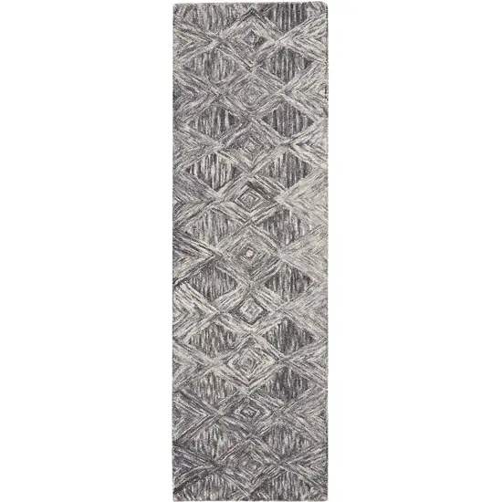 8' Charcoal and Ivory Wool Geometric Runner Rug Photo 1