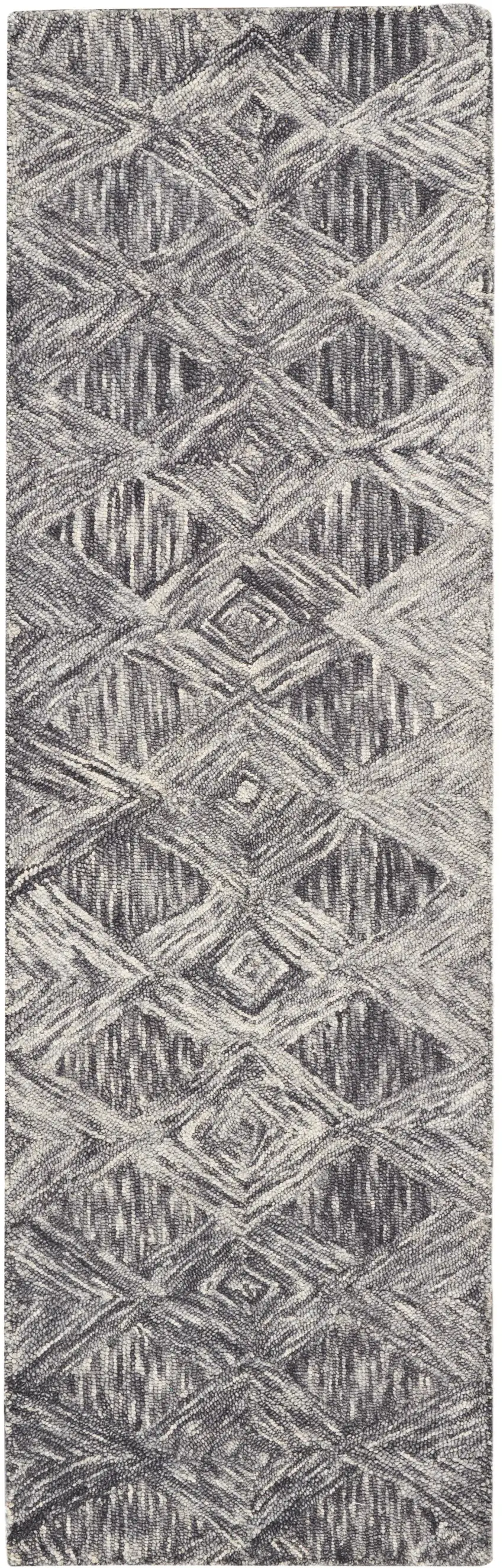 8' Charcoal and Ivory Wool Geometric Runner Rug Photo 1