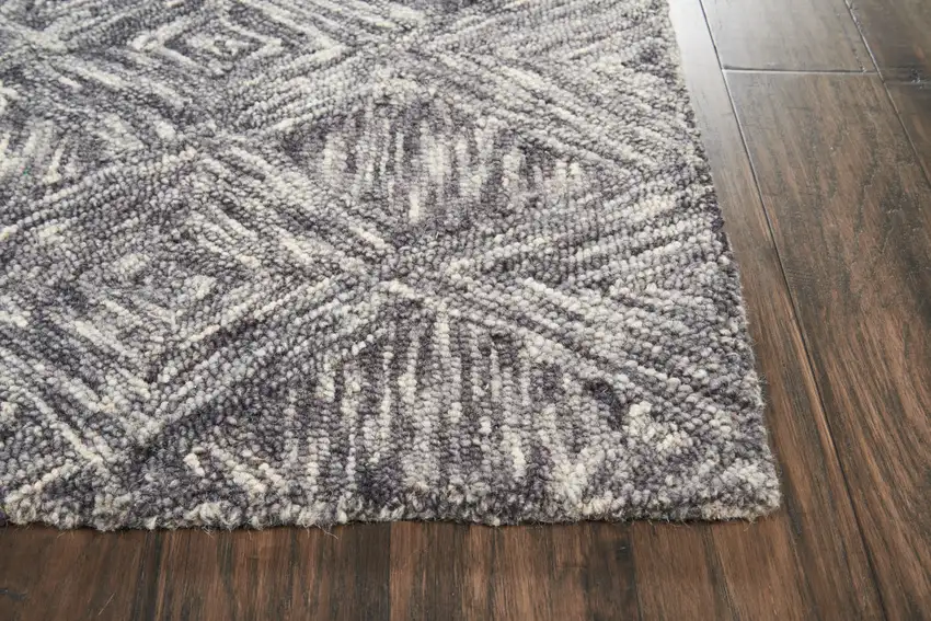 8' Charcoal and Ivory Wool Geometric Runner Rug Photo 5