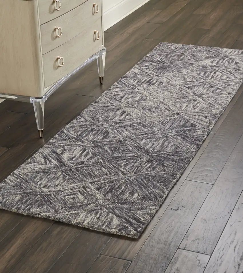 8' Charcoal and Ivory Wool Geometric Runner Rug Photo 6
