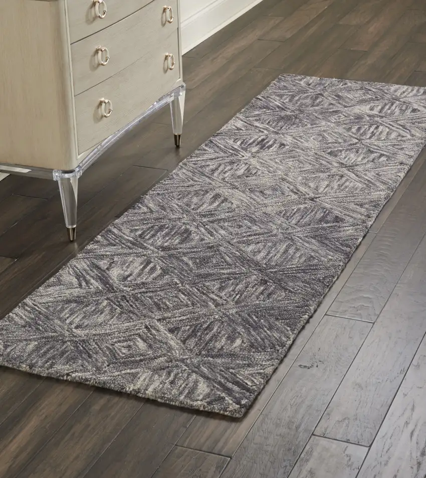 8' Charcoal and Ivory Wool Geometric Runner Rug Photo 3